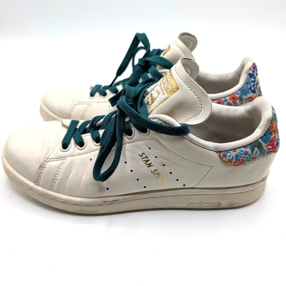 Adidas Stan Smith Shoes 6.5 White Leather Floral Embroidered Sneakers JH5637